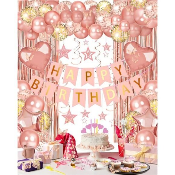 Rose Gold Birthday Party Decorations Banner Balloons Curtain Backdrop Set - Picture 1 of 7